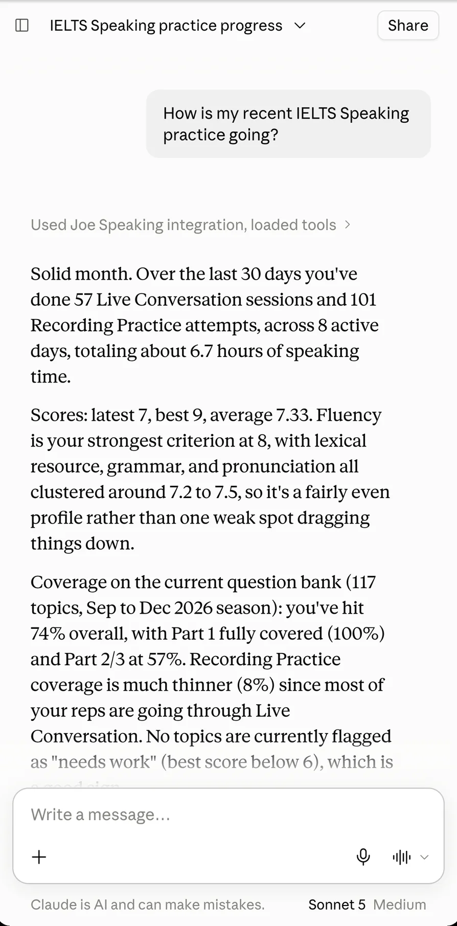 Claude answering: How is my recent IELTS Speaking practice going?